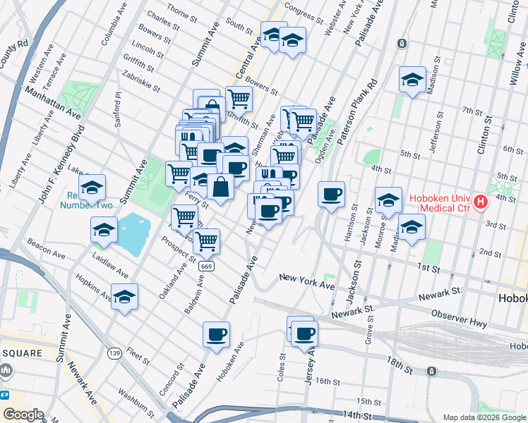 map of restaurants, bars, coffee shops, grocery stores, and more near 63 Franklin Street in Jersey City