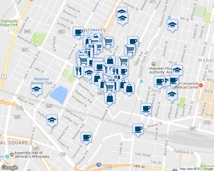 map of restaurants, bars, coffee shops, grocery stores, and more near 63 Franklin Street in Jersey City