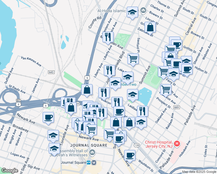 map of restaurants, bars, coffee shops, grocery stores, and more near 101 Collard Street in Jersey City