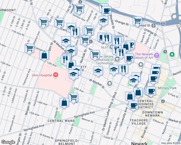 map of restaurants, bars, coffee shops, grocery stores, and more near 12 School Street in Newark