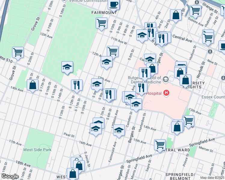 map of restaurants, bars, coffee shops, grocery stores, and more near 223 South 7th Street in Newark