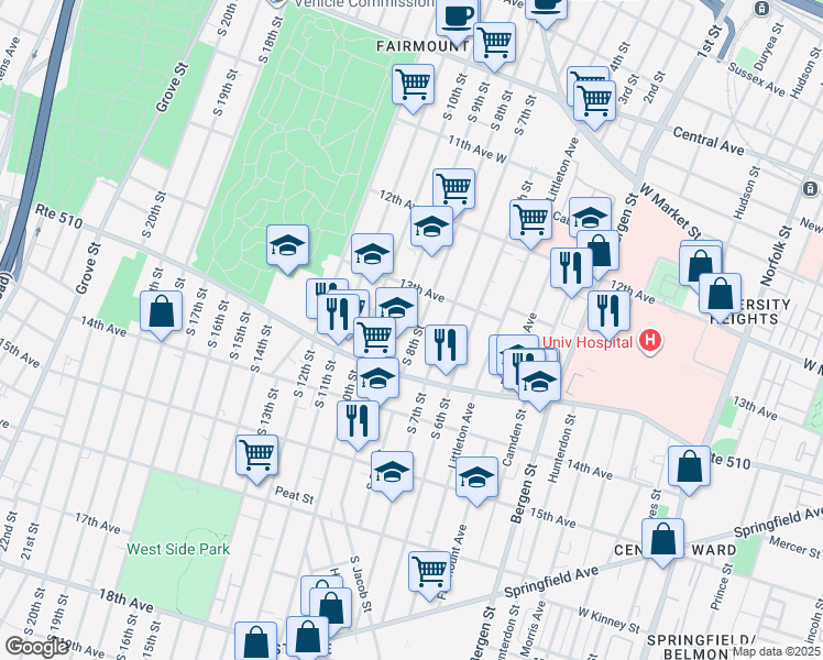 map of restaurants, bars, coffee shops, grocery stores, and more near 292 South 9th Street in Newark