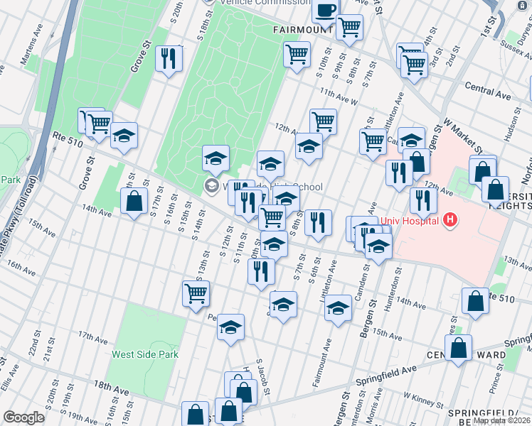map of restaurants, bars, coffee shops, grocery stores, and more near 329 South 10th Street in Newark