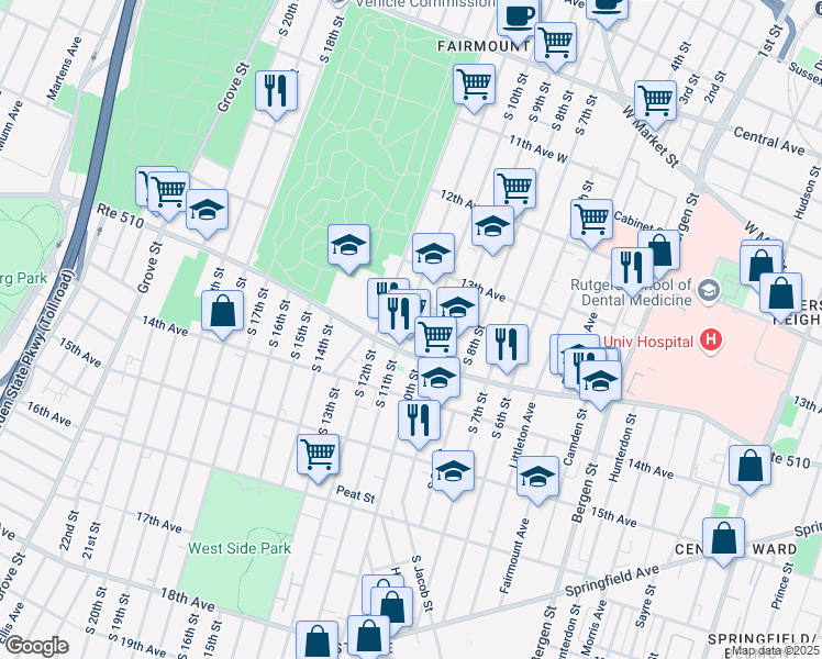 map of restaurants, bars, coffee shops, grocery stores, and more near 329 South 10th Street in Newark