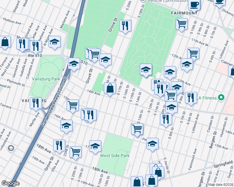 map of restaurants, bars, coffee shops, grocery stores, and more near 445 South 18th Street in Newark