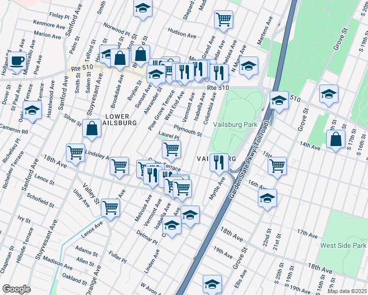 map of restaurants, bars, coffee shops, grocery stores, and more near 105 Isabella Avenue in Newark