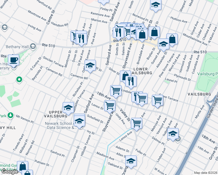 map of restaurants, bars, coffee shops, grocery stores, and more near 39 Mead Street in Newark