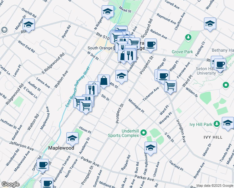 map of restaurants, bars, coffee shops, grocery stores, and more near 209 Academy Street in South Orange