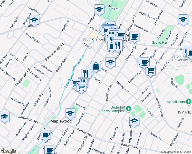 map of restaurants, bars, coffee shops, grocery stores, and more near 260 Valley Street in South Orange