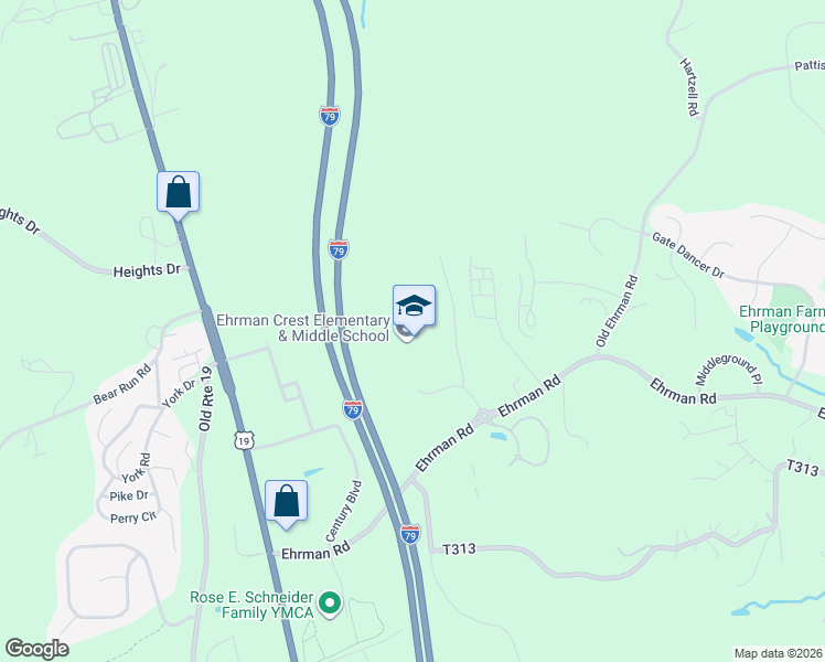 map of restaurants, bars, coffee shops, grocery stores, and more near 2070 Ehrman Road in Cranberry Township