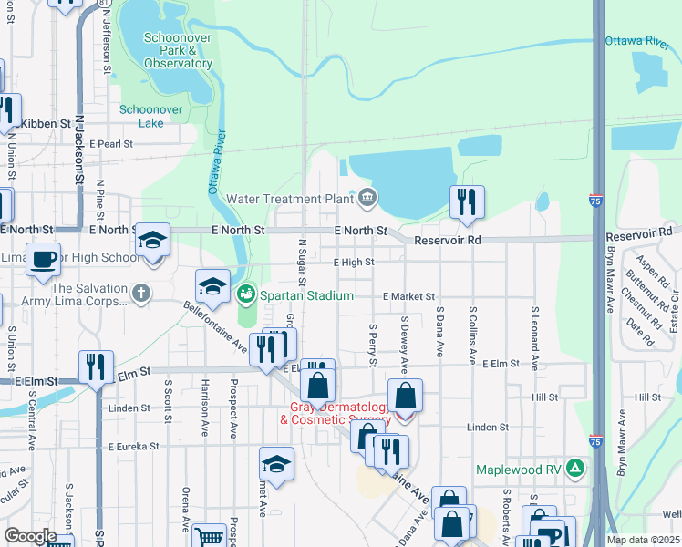 map of restaurants, bars, coffee shops, grocery stores, and more near 1150 E High St in Lima