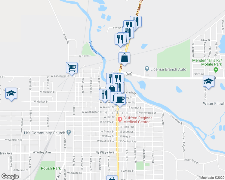 map of restaurants, bars, coffee shops, grocery stores, and more near 214 North Main Street in Bluffton