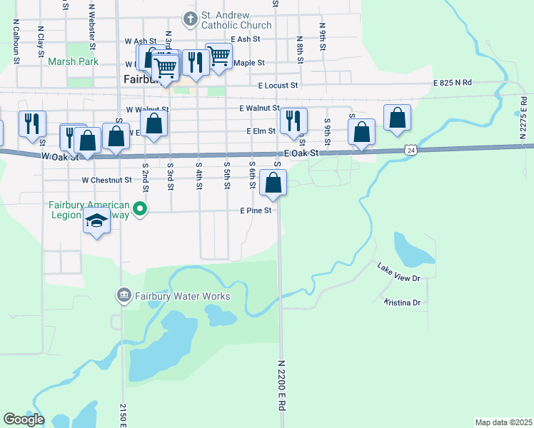 map of restaurants, bars, coffee shops, grocery stores, and more near 519 South 6th Street in Fairbury