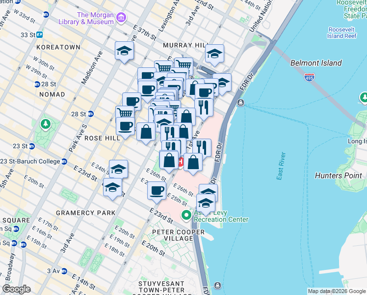map of restaurants, bars, coffee shops, grocery stores, and more near 350 East 30th Street in New York