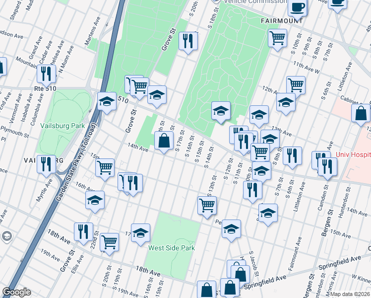 map of restaurants, bars, coffee shops, grocery stores, and more near 427 South 16th Street in Newark