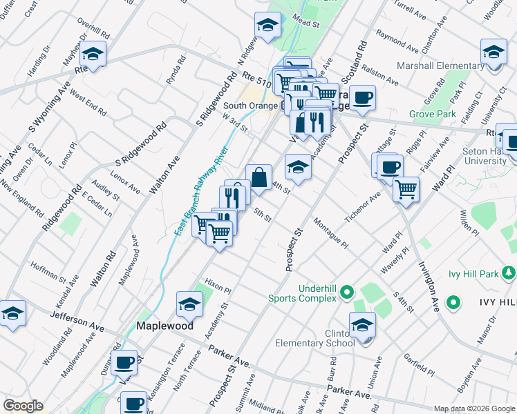 map of restaurants, bars, coffee shops, grocery stores, and more near 260 Valley Street in South Orange