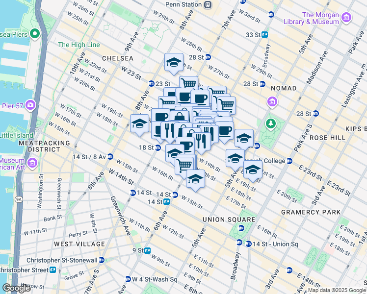 map of restaurants, bars, coffee shops, grocery stores, and more near 121A West 20th Street in New York