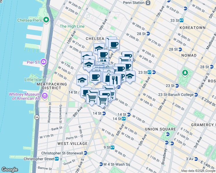 map of restaurants, bars, coffee shops, grocery stores, and more near in New York