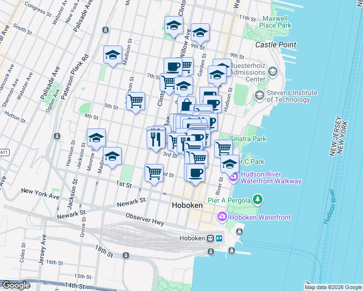 map of restaurants, bars, coffee shops, grocery stores, and more near 336 Park Avenue in Hoboken