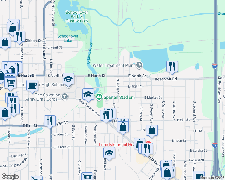 map of restaurants, bars, coffee shops, grocery stores, and more near 939-953 E High St in Lima