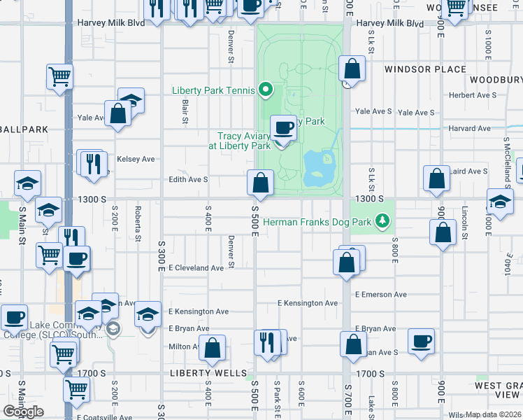 map of restaurants, bars, coffee shops, grocery stores, and more near 1325 South 500 East in Salt Lake City