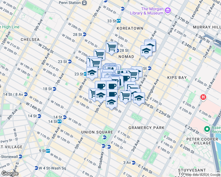 map of restaurants, bars, coffee shops, grocery stores, and more near in New York