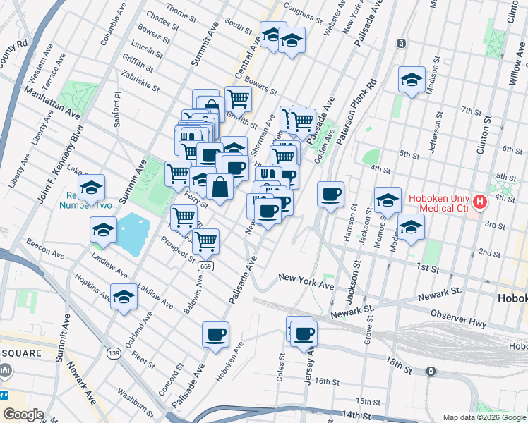 map of restaurants, bars, coffee shops, grocery stores, and more near 63 Franklin Street in Jersey City