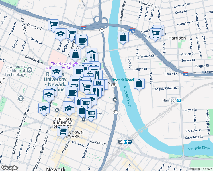 map of restaurants, bars, coffee shops, grocery stores, and more near 50 Rector Street in Newark