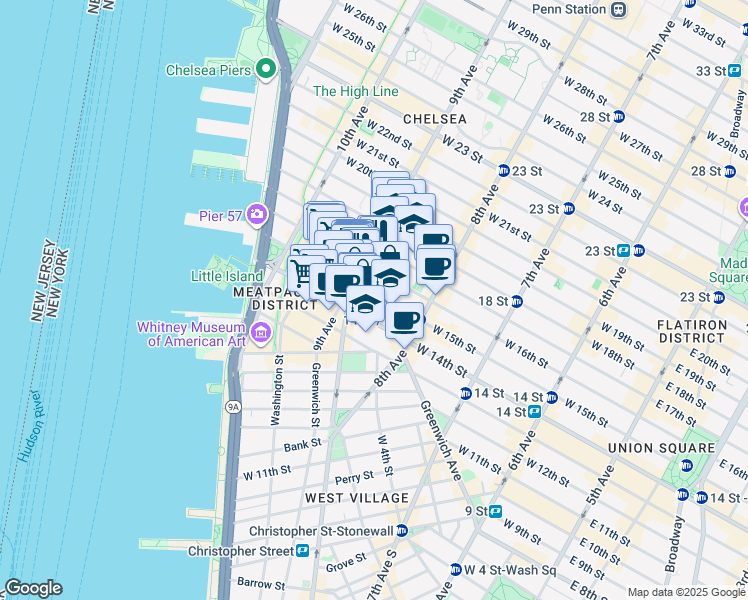 map of restaurants, bars, coffee shops, grocery stores, and more near 350 West 15th Street in New York