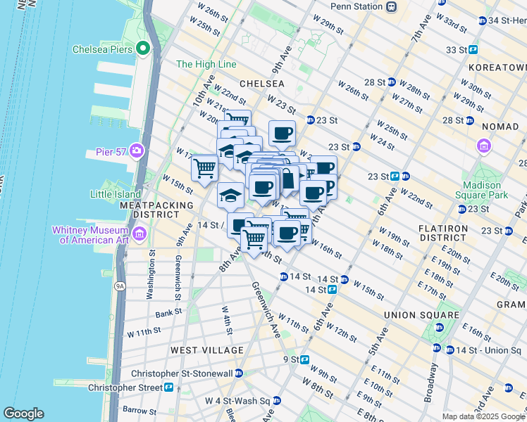 map of restaurants, bars, coffee shops, grocery stores, and more near 124 8th Avenue in New York