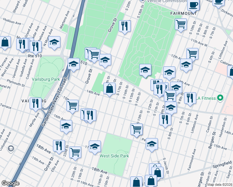 map of restaurants, bars, coffee shops, grocery stores, and more near 445 South 18th Street in Newark