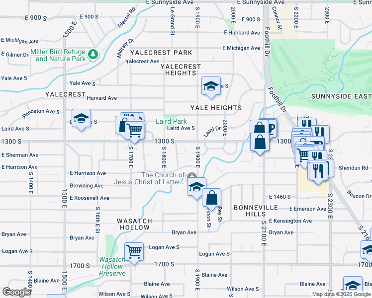 map of restaurants, bars, coffee shops, grocery stores, and more near 1329 Colonial Circle South in Salt Lake City