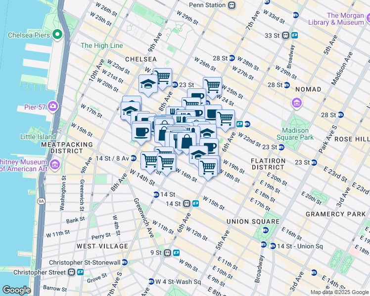 map of restaurants, bars, coffee shops, grocery stores, and more near in New York