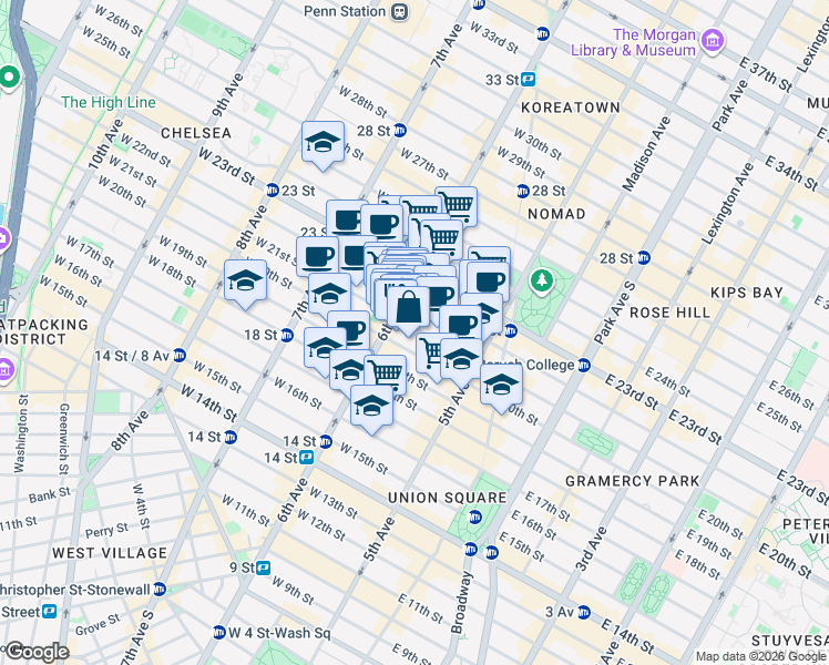 map of restaurants, bars, coffee shops, grocery stores, and more near 74 West 21st Street in New York