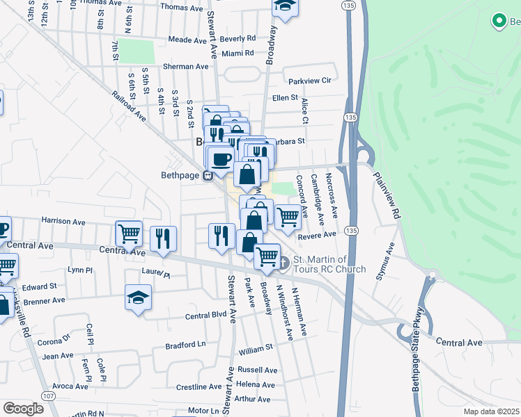 map of restaurants, bars, coffee shops, grocery stores, and more near 2 Julie Court in Bethpage