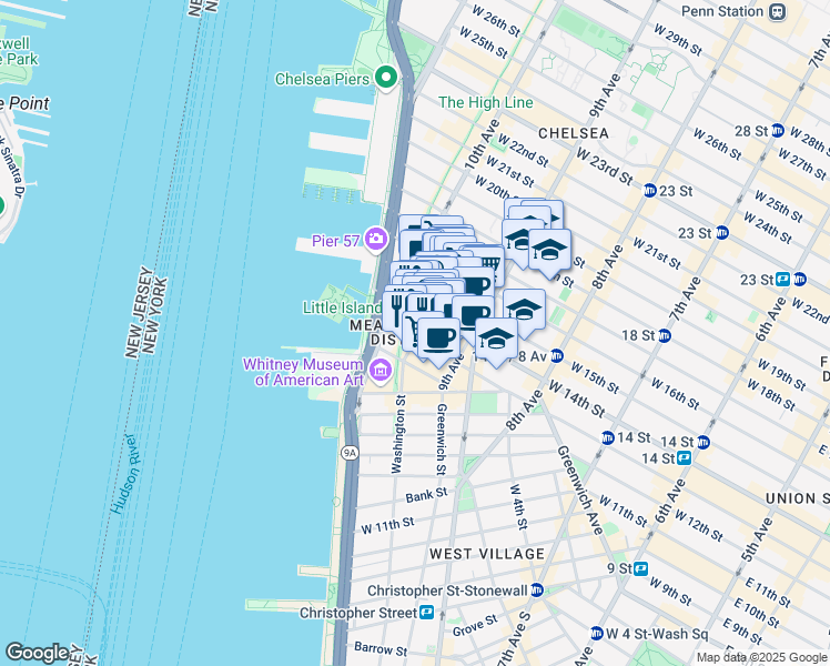 map of restaurants, bars, coffee shops, grocery stores, and more near 860 Washington Street in New York