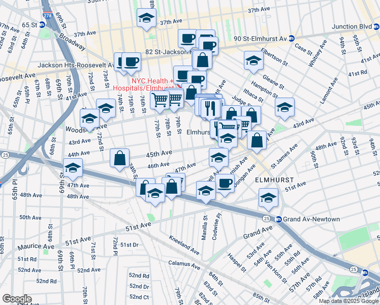 map of restaurants, bars, coffee shops, grocery stores, and more near 79-05 45th Avenue in Queens