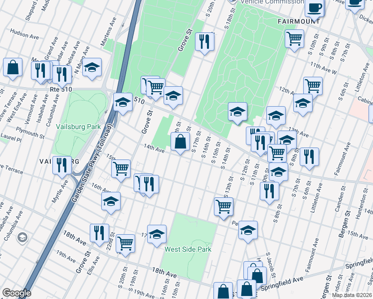map of restaurants, bars, coffee shops, grocery stores, and more near 445 South 18th Street in Newark