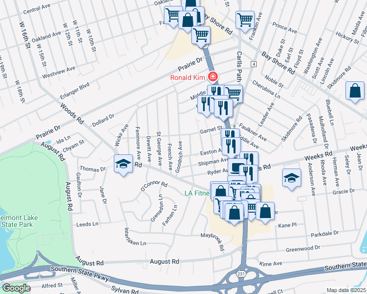 map of restaurants, bars, coffee shops, grocery stores, and more near 487 Goodrich Avenue in North Babylon