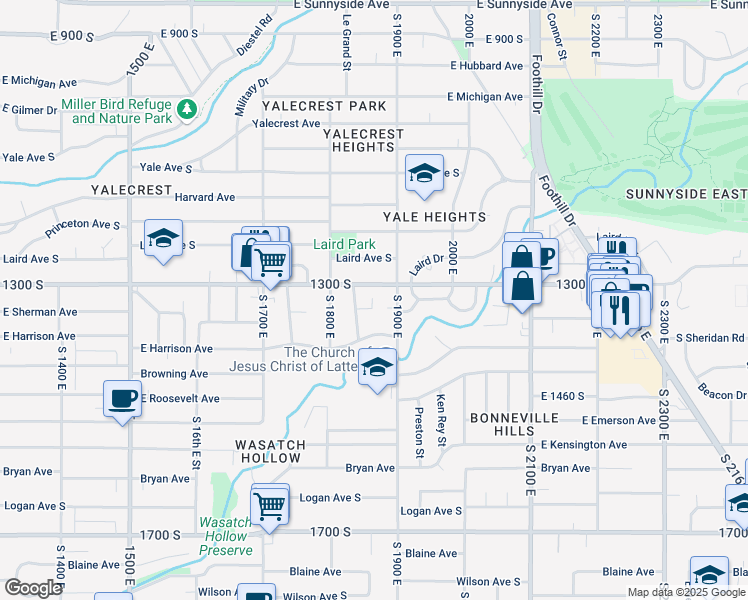 map of restaurants, bars, coffee shops, grocery stores, and more near 1329 Colonial Circle South in Salt Lake City