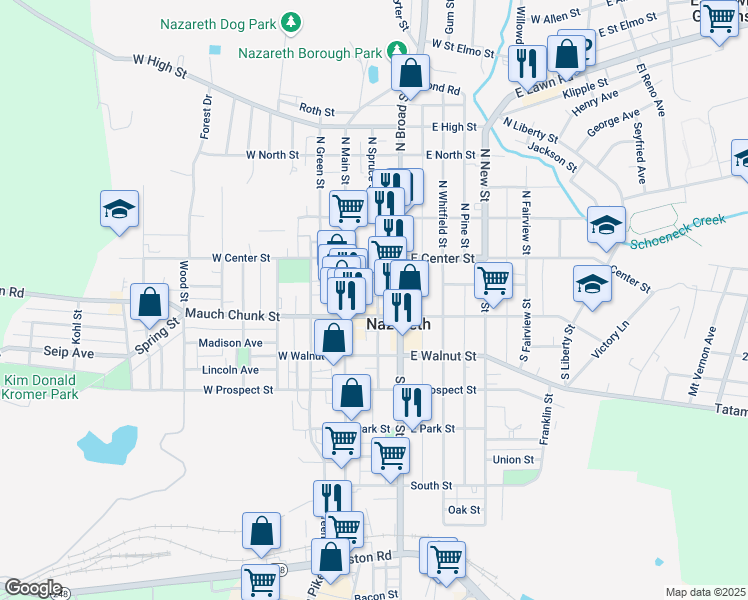 map of restaurants, bars, coffee shops, grocery stores, and more near 31 South Spruce Street in Nazareth