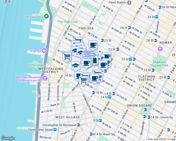 map of restaurants, bars, coffee shops, grocery stores, and more near 128 8th Avenue in New York