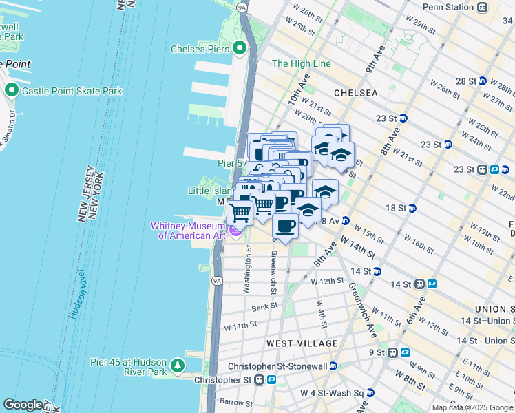 map of restaurants, bars, coffee shops, grocery stores, and more near 860 Washington Street in New York