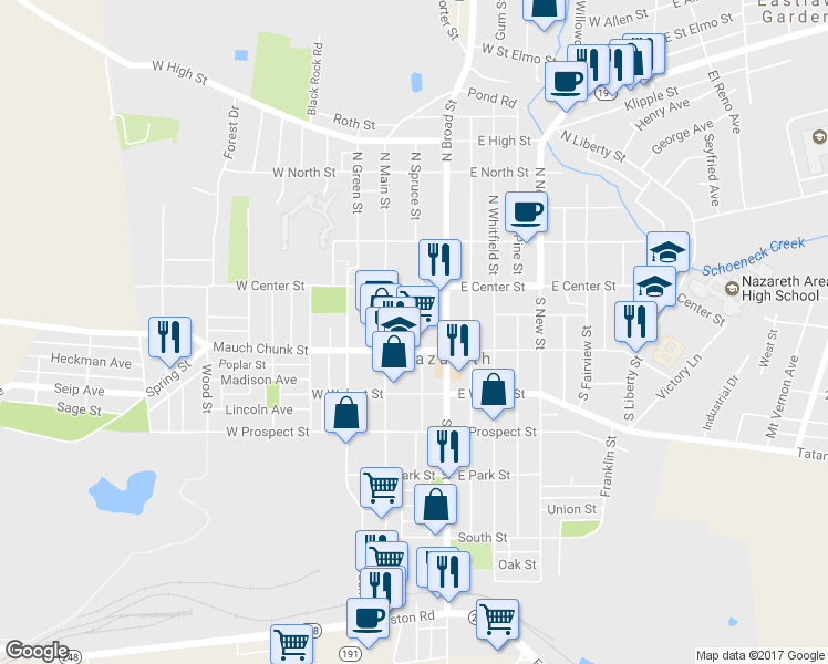 map of restaurants, bars, coffee shops, grocery stores, and more near 44 South Spruce Street in Nazareth