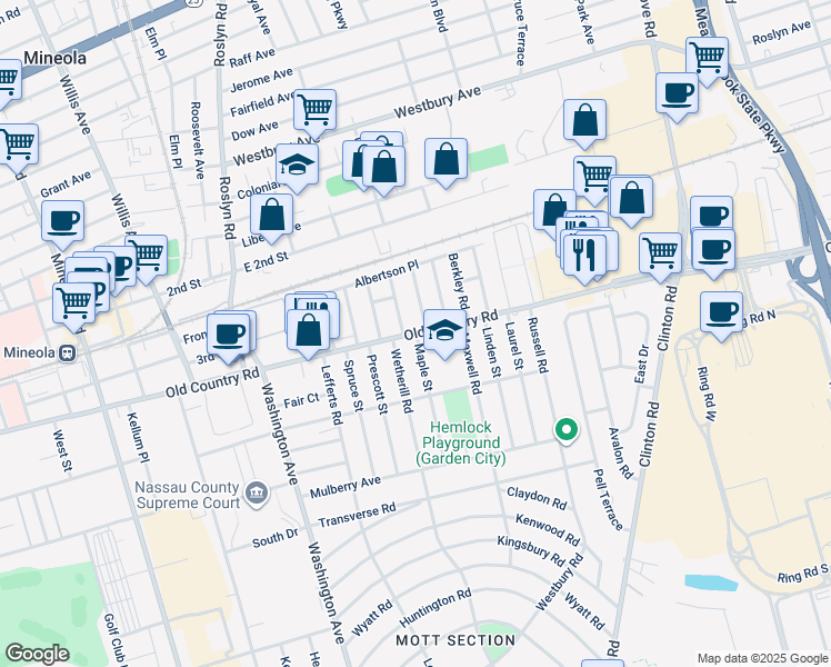 map of restaurants, bars, coffee shops, grocery stores, and more near Old Country Road in Garden City