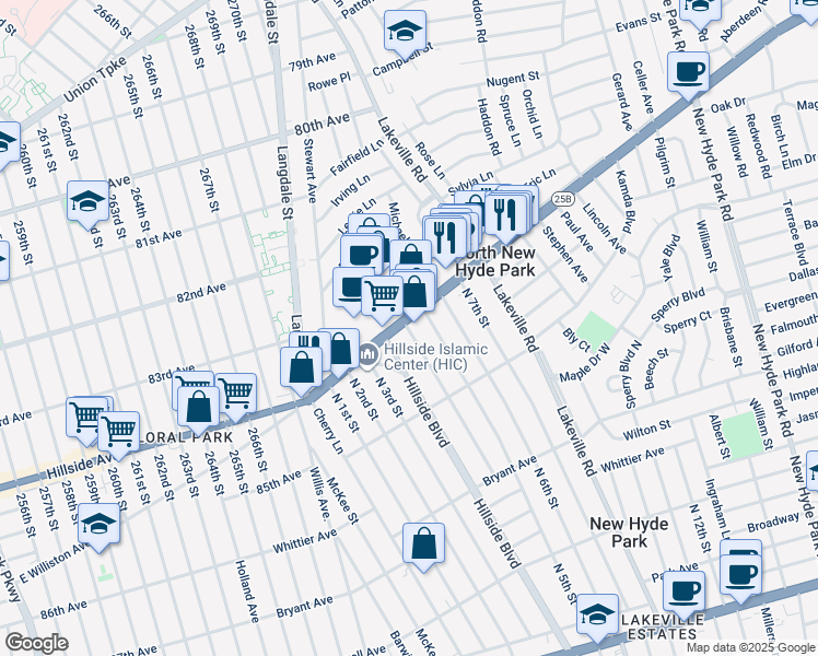 map of restaurants, bars, coffee shops, grocery stores, and more near 412 Hillside Avenue in New Hyde Park