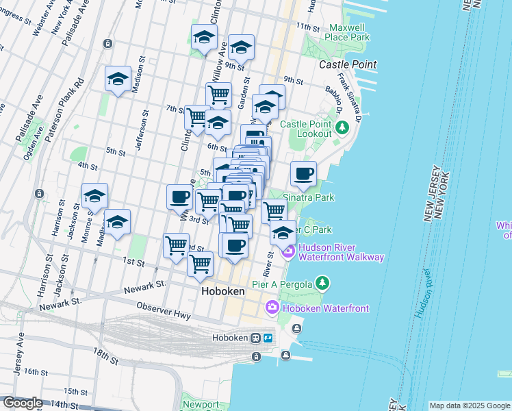 map of restaurants, bars, coffee shops, grocery stores, and more near 407 Washington Street in Hoboken