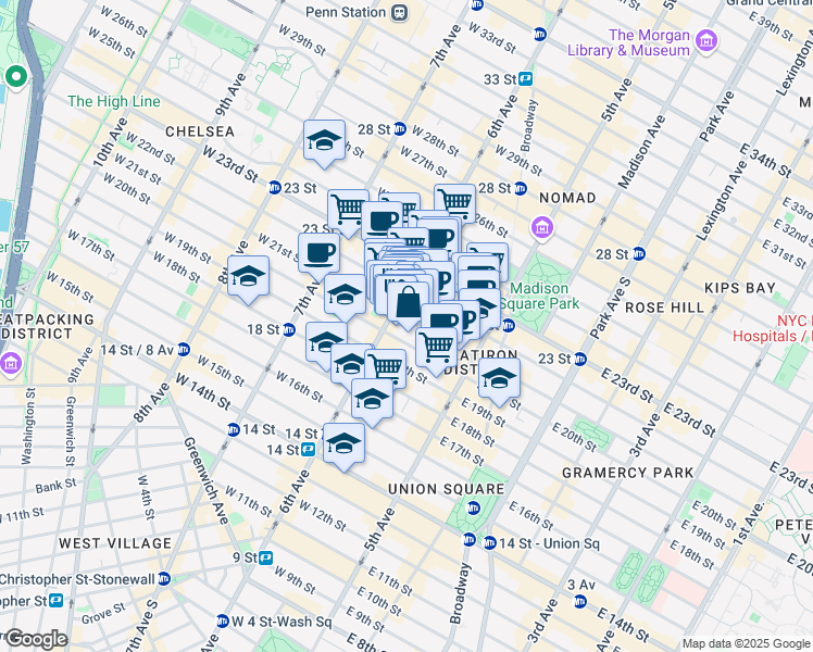 map of restaurants, bars, coffee shops, grocery stores, and more near 64 West 22nd Street in New York