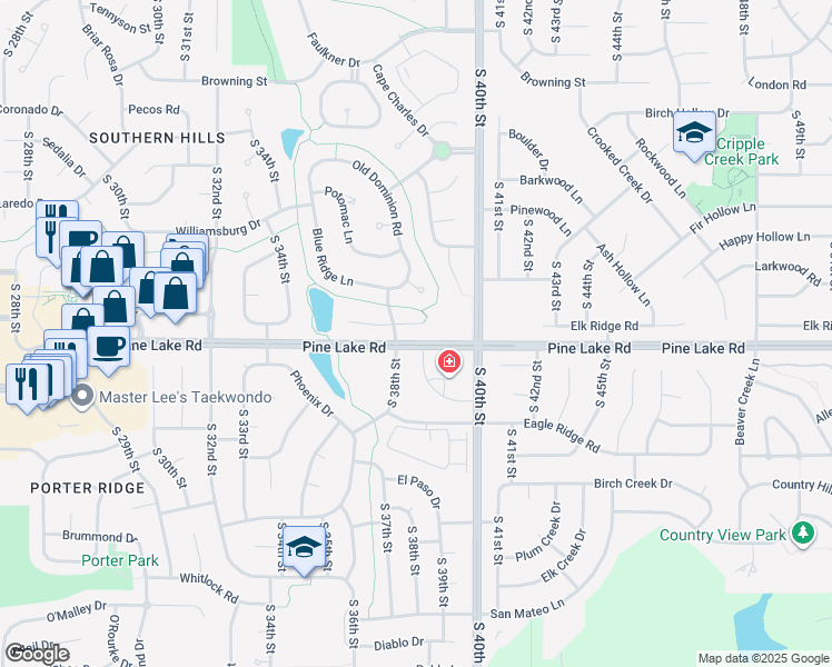 map of restaurants, bars, coffee shops, grocery stores, and more near 3900 Pine Lake Road in Lincoln