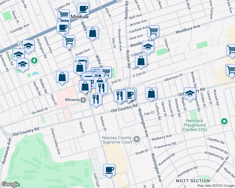map of restaurants, bars, coffee shops, grocery stores, and more near 61 Willis Avenue in Mineola